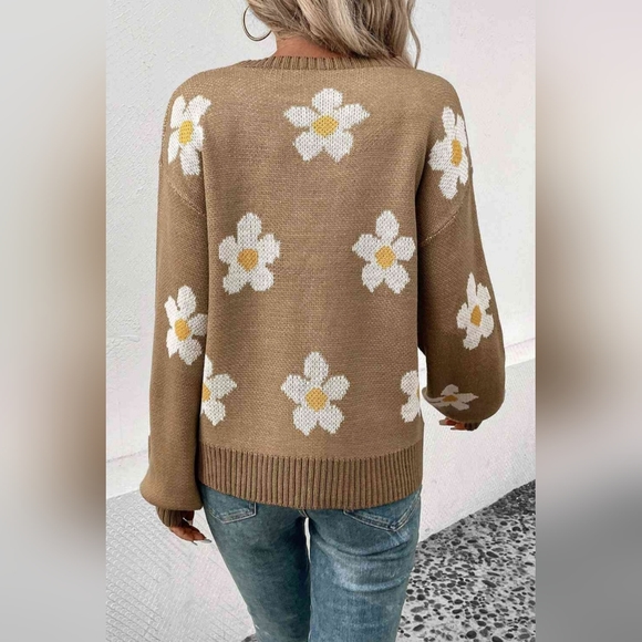Daisy Flower Knit Minimalist Pullover Classic Long Sleeve Sweater Retro Shirt - Picture 6 of 7
